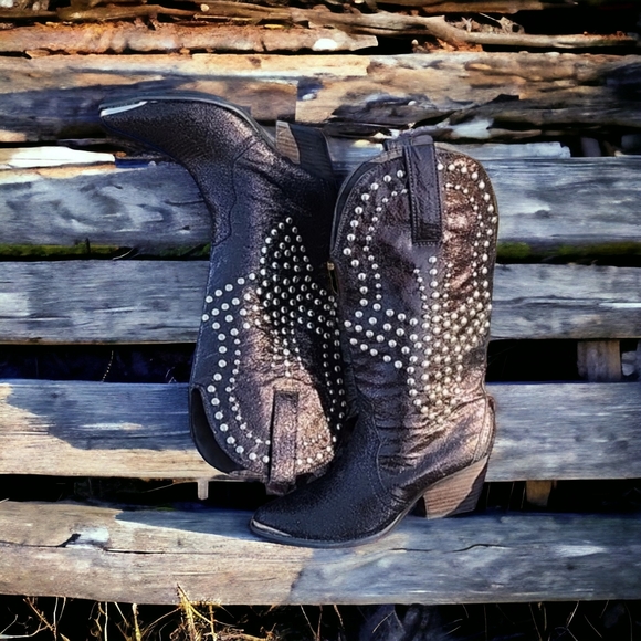 REBA Studded Metallic Bronze Leather Cowboy Boots 5.5 Biker Western Cowgirl - Picture 2 of 15